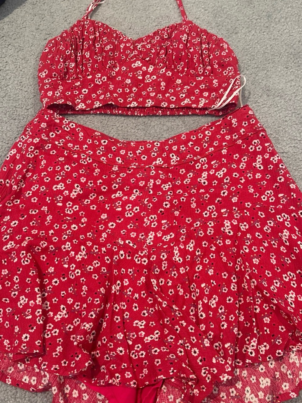 Red Floral Two-Piece Crop Top & Skirt Set